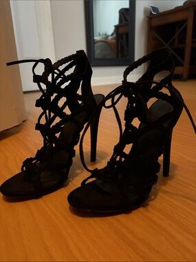 Black Lace-Up High Heel Sandals - Women's